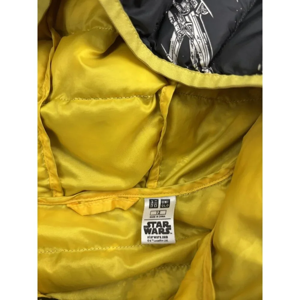 Uniqlo Star Wars Jacket Kids 12 Black Hooded Puffer Full Zip Yellow Lining‎